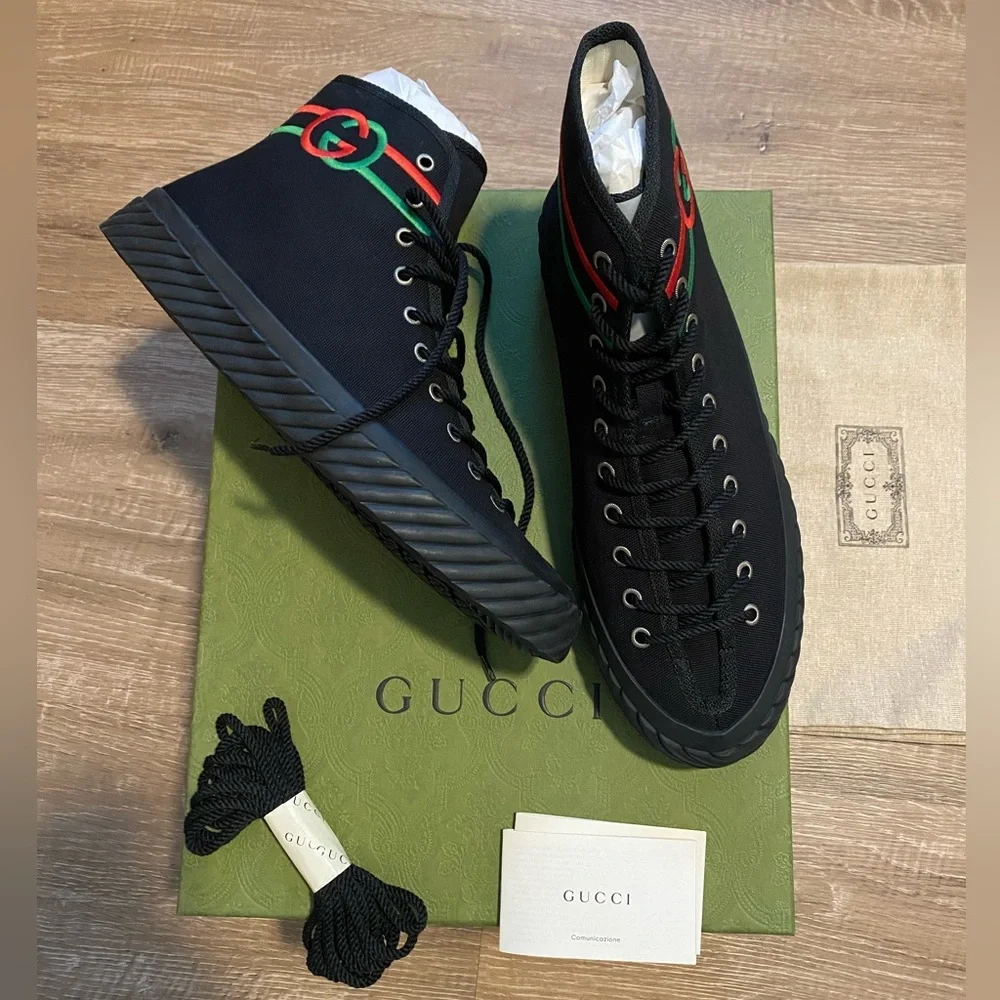 NWT Gucci GG men’s black interlocking G canvas high-top sneakers - Picture 7 of 9